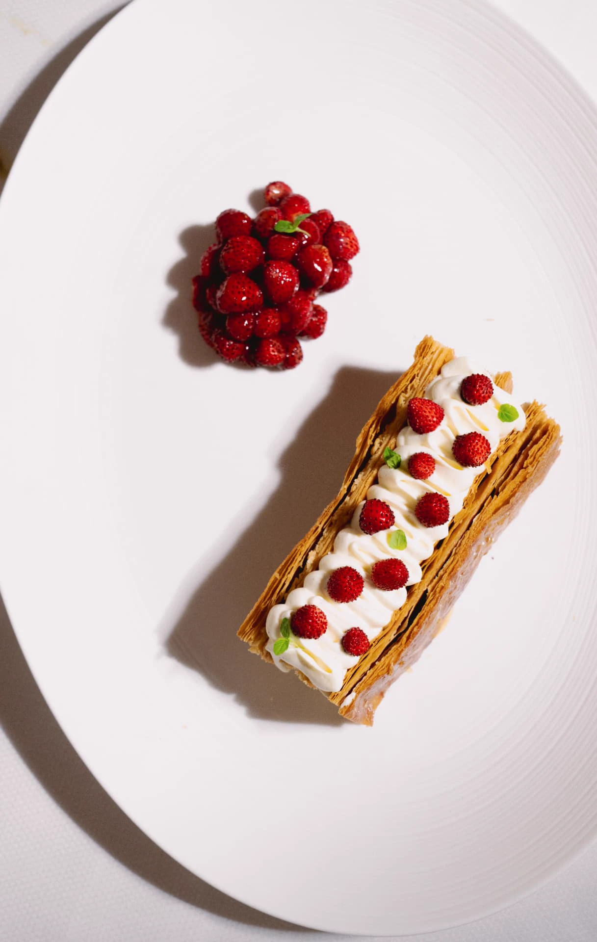 Strawberry mille-feuille with cream and wild strawberries at Mazarine Mayfair